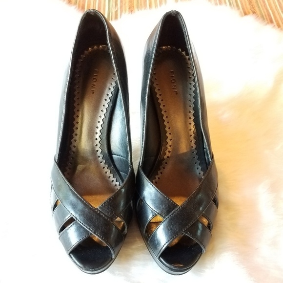 FIONI Black Vegan Peep-Toe High Heels - Picture 1 of 8